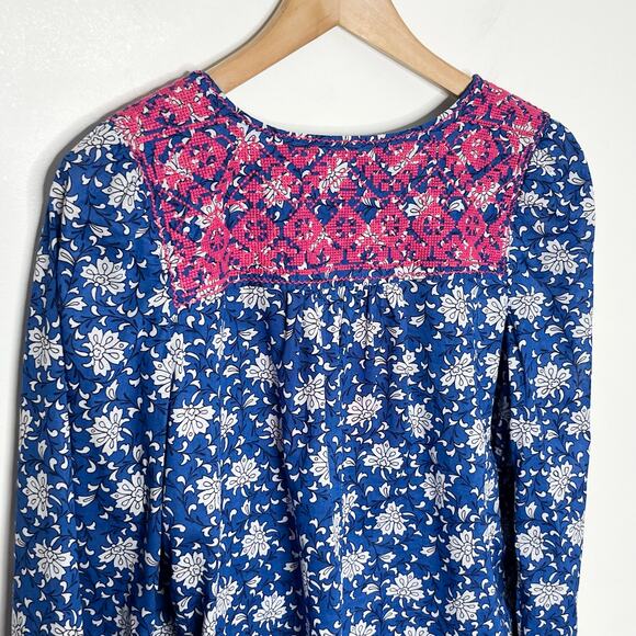 J. Crew Womens Embroidered Peasant Top XS Blue Pink V Neck Tasseled Cotton - Picture 7 of 11